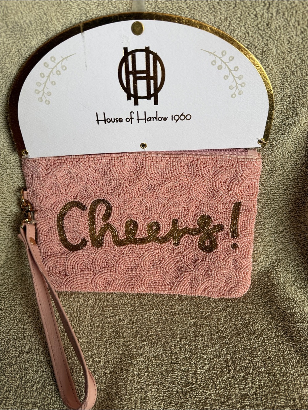 House of Harlow 1960 Pink Beaded Wristlet with Gold 'Cheers' Script